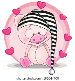 Cute pig in hat with hearts