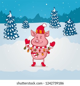 A cute pig in a hat and mittens is holding a Christmas garland. Hand drawn cartoon illustration