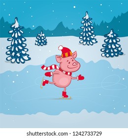 Cute pig in a hat and mittens skating. Hand drawn cartoon illustration