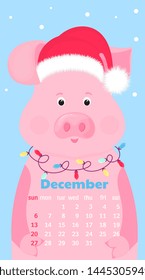 Cute pig in a hat of Santa Claus with a garland. Monthly Calendar for December 2020. Week start on Sunday. Funny animal