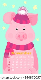Cute pig in a hat of Santa Claus with a garland. Monthly Calendar for November 2020. Week start on Sunday. Funny animal