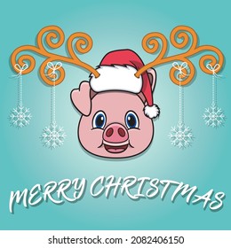Cute Pig Head Cartoon Christmas Card. Wearing Hat and Funny Christmas. Vector and Illustration.