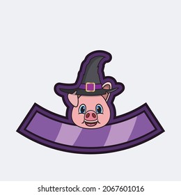 Cute Pig Head Character. For Logo, Icon, badge, emblem and label with Witch Hat. Vector And Illustration.