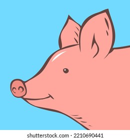 Cute pig head. Farming and pets. Cute piglet. Food and meat. Cartoon vector illustration isolated on blue background. Outline hand drawn