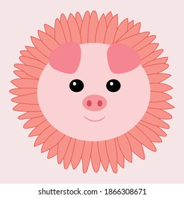Cute pig head in flower, vector illustrations for nursery design, logo, print, poster, birthday greeting cards.