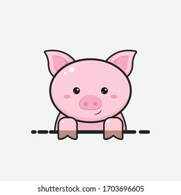Cute pig head in profile is isolated against a white background. Vector stock illustrations for decoration and design, cards, posters, fabrics, for children and more.