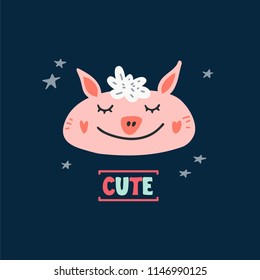 Cute pig head vector illustration. Design element, clipart for baby products with hand drawn cartoon piglet animal drawing 