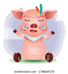 a cute pig in a headdress with feathers. Cartoon apache pig. Vector illustration