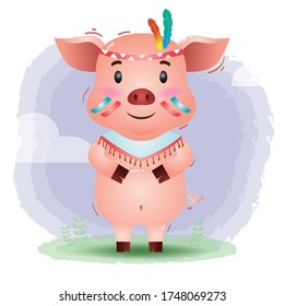 a cute pig in a headdress with feathers. Cartoon apache pig. Vector illustration