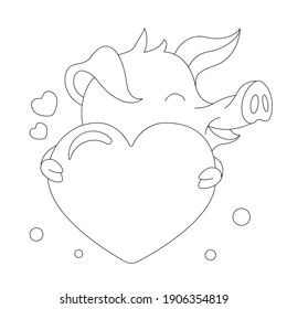 Cute pig with a heart. A pig in love. Vector outline illustration, black and white. Can be used for greeting cards, coloring pages, banners and themed holidays. 