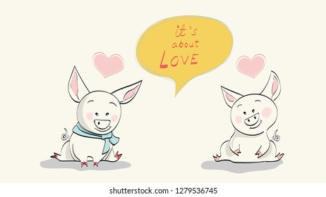 Cute pig and heart shape hand writing style vector illustration for greeting and invitation card. Happy Valentines day