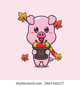 Cute pig holding a apple in wood bucket. Mascot cartoon vector illustration suitable for poster, brochure, web, mascot, sticker, logo and icon.