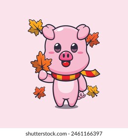 Cute pig holding autumn leaf. Mascot cartoon vector illustration suitable for poster, brochure, web, mascot, sticker, logo and icon.