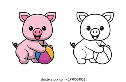 Cute pig holding a ball cartoon coloring pages for kids