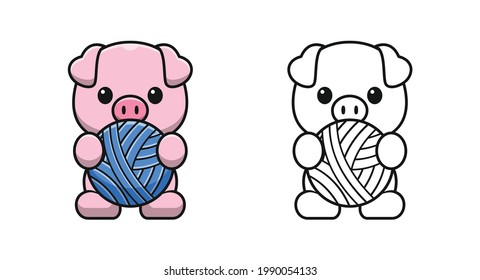 Cute pig holding a ball cartoon coloring pages for kids