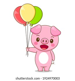 Cute Pig holding balloons Vector Design Illustration