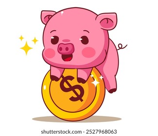 Cute Pig holding big coin Cartoon Vector Illustration. Kawaii Adorable Animal Concept Design. Business and FinanceThemes. Isolated White Background.