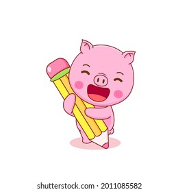 cute pig holding big pencil cartoon illustration