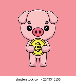 cute pig holding bitcoin cartoon mascot doodle art hand drawn outline concept vector kawaii icon illustration