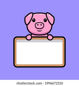 Cute pig holding blank text board mascot character. Animal icon illustration