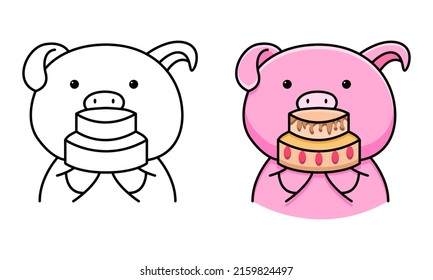 Cute pig holding cake coloring page for kids