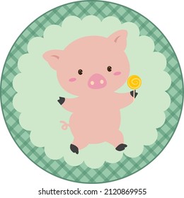 Cute pig holding a candy. Suitable for bacon packaging label, barn themed party, etc.