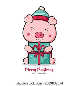 Cute pig holding gift greeting merry christmas and happy new year cartoon doodle card background illustration flat cartoon style