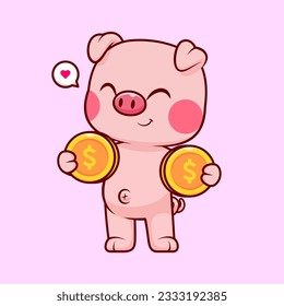 Cute Pig Holding Gold Coin Cartoon Vector Icon Illustration. Animal Finance Icon Concept Isolated Premium Vector. Flat Cartoon Style