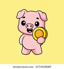 cute pig holding gold coins