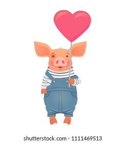 Cute pig holding heart . Cute animal. Heart sign vector illustration. Pig in overalls