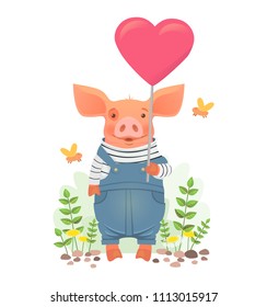Cute pig holding heart . Cute animal. Heart sign vector illustration. Pig in overalls