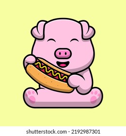 Cute Pig Holding Hotdog Cartoon Vector Icon Illustration. Flat Cartoon Concept