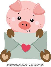 Cute pig holding a letter envelope
