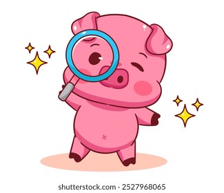 Cerdo lindo que sostiene la Ilustración vectorial de la historieta de la lupa. Kawaii Adorable Diseño de Concepto Animal. Fondo blanco aislado.