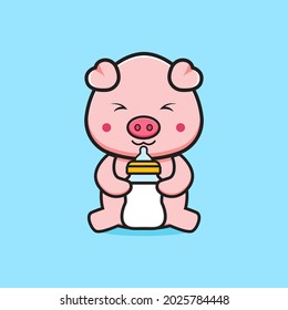 Cute pig holding milk bottle pacifier cartoon icon illustration. Design isolated flat cartoon style