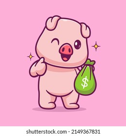 Cute Pig Holding Money Bag With Thumb Up Cartoon Vector Icon Illustration. Animal Finance Icon Concept Isolated Premium Vector. Flat Cartoon Style