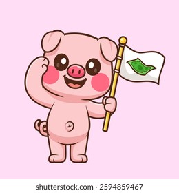 Cute Pig Holding Money Flag Cartoon Vector Icon Illustration. Animal Finance Icon Concept Isolated Premium Vector. Flat Cartoon Style