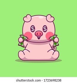 Cute Pig Holding Money Vector Icon Illustration. Animal Business Icon Concept Isolated Premium Vector. Flat Cartoon Style 