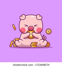 Cute Pig Holding Money Vector Icon Illustration. Animal Business Icon Concept Isolated Premium Vector. Flat Cartoon Style 