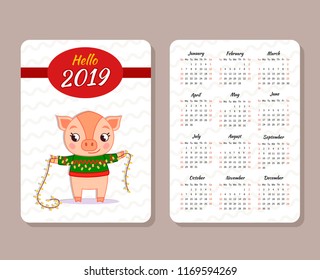 A cute pig holding a New Year's garland. Template of the pocket calendar 2019. Chinese calendar for the year of pig 2019.
