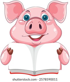 Cute pig holding an open book, smiling happily