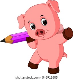 Cute pig holding pencil