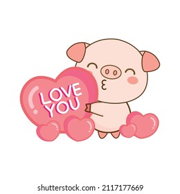 Cute Pig holding pink hearts for Valentine's day.