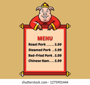 Cute pig holding scroll paper of pork menu.