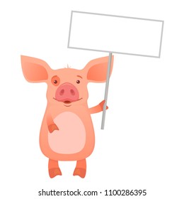 Cute pig holding sign. Cartoon pig holding blank banner