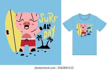 Cute pig  holding surf surfboard with tshirt design premium vector the Concept of Isolated Technology. Flat Cartoon Style Suitable for Landing Web Pages,T shirt, Flyers, Stickers