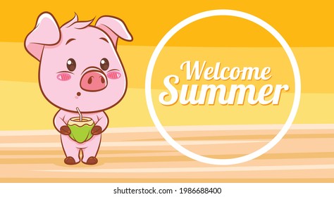 cute pig holding young coconuts with a summer greeting banner.