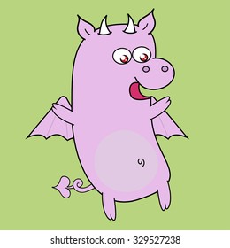 Cute pig with horns and bat wings. Weird cartoon animal. Halloween character