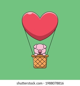 Cute pig in hot air balloon cartoon illustration