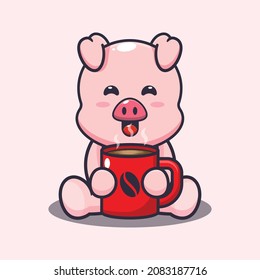 Cute pig with hot coffee. Cute cartoon animal illustration.